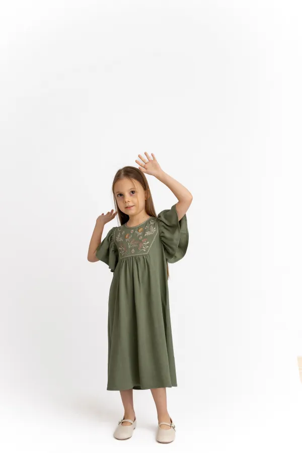 Embroidered Linen Dress for 2-7 Years Old Khaki Green