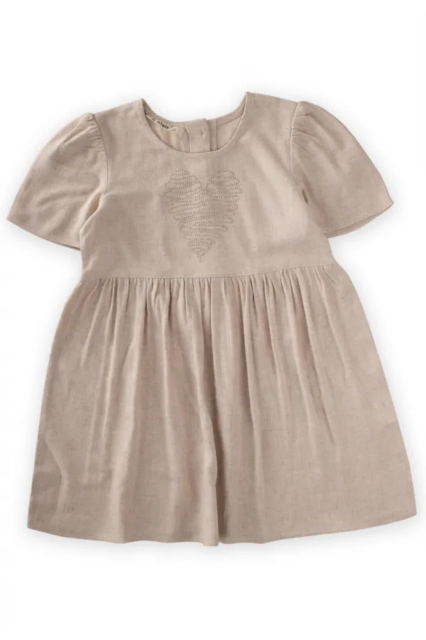 Robe en lin à motif cœur et pierre, naturelle, pour enfants de 2 à 7 ans