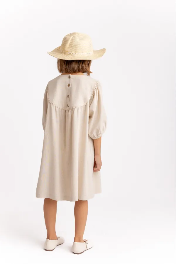 Robe en lin brodé à ourlet effiloché pour enfants de 2 à 7 ans, couleur naturelle