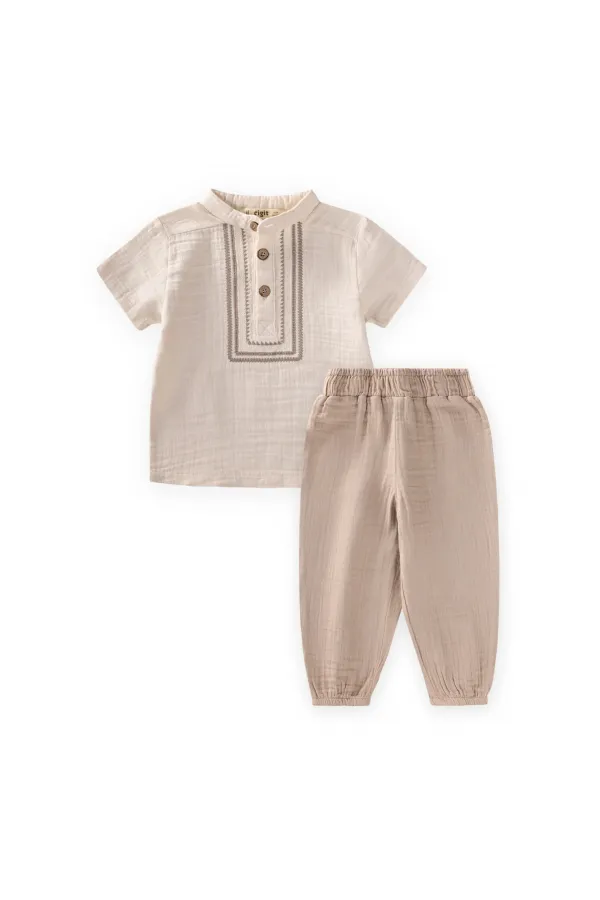 Organic Embroidered Muslin Set, Ages 1-10, Natural