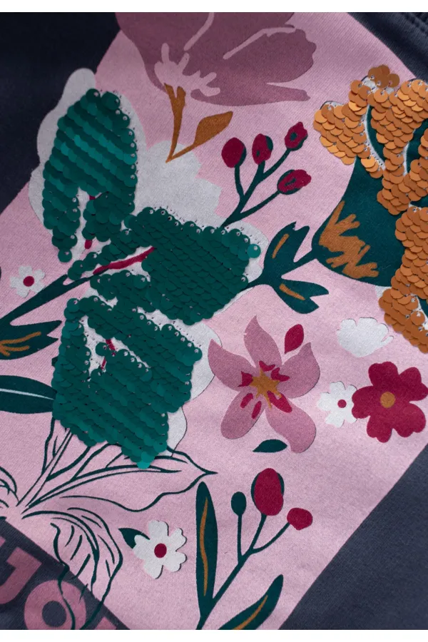 Çiçek Basdkılı Pullu Sweatshirt 1-6 Yaş Lacivert