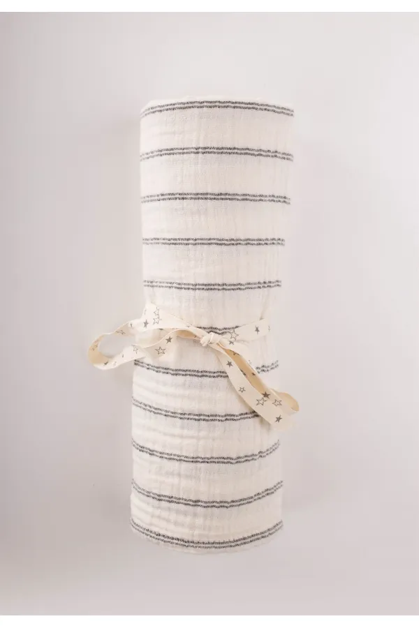 Organik Müslin Battaniye 90X100Cm Füme Çift Çizgili