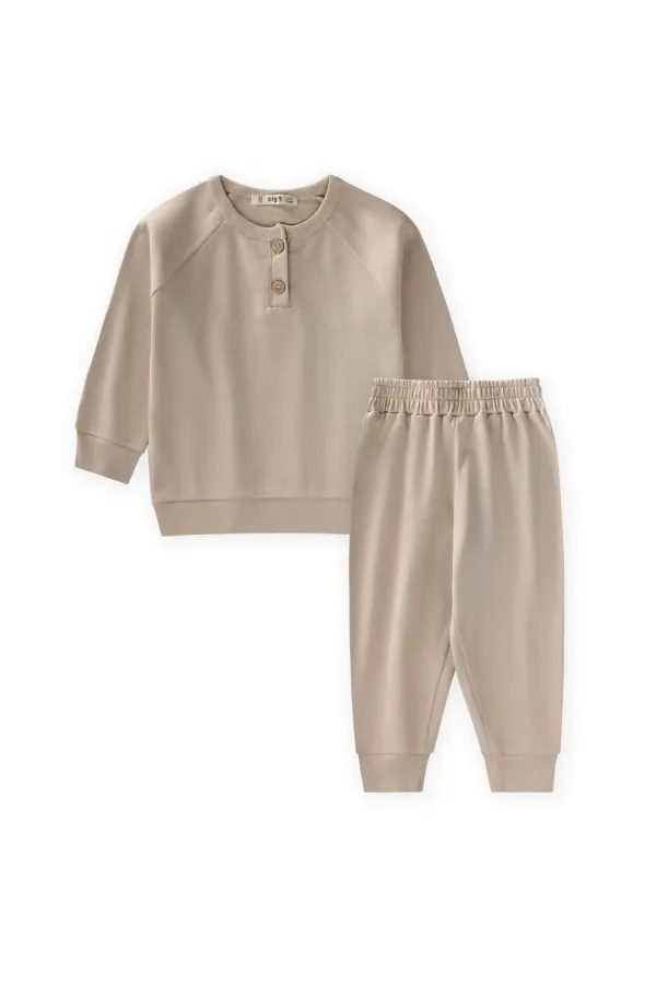 Raglan Sleeve Placket Boys Basic Suit 1-5 Years Beige