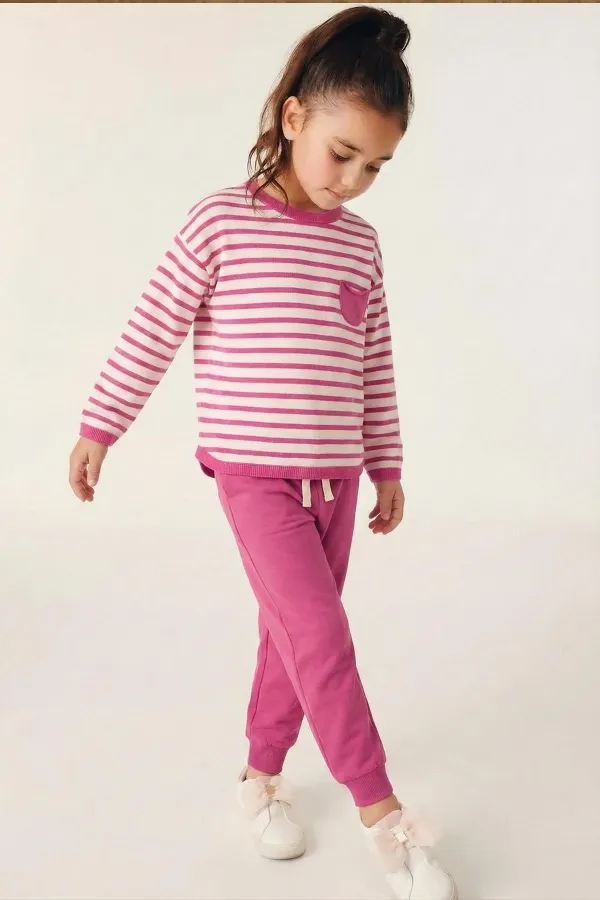 Çizgili Sweatshirt Takım 1-7 Yaş Fuşya