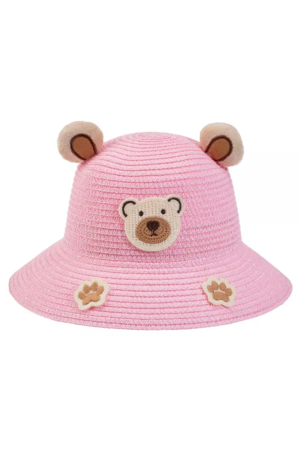 Straw Hat with Bear Ears for Girls, 1-3 Years Old, Pink