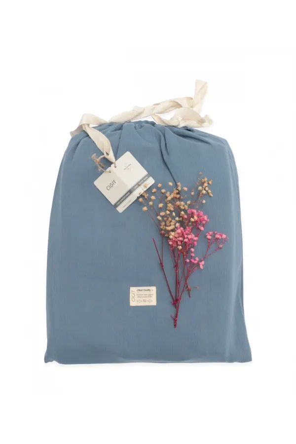 Parure de lit en mousseline avec pochette 100 x 135 cm +/- 3 cm, drap 120 x 150 cm, taie d'oreiller 35 x 45 cm, bleu indigo