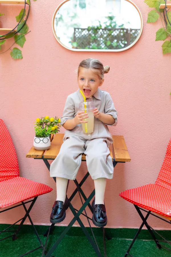 Yakalı Pileli Tencel Tulum 2-7 Yaş Bej