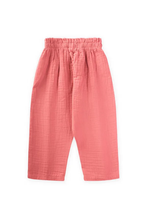 Organic Wide Cut Muslin Trousers with Ruffle Waistband, Coral, Ages 1-8