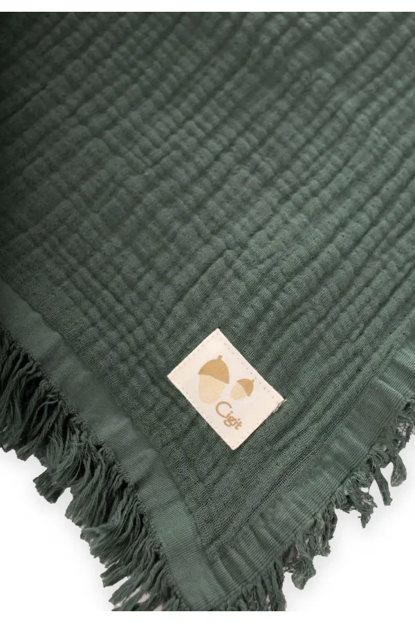 Dört Kat Püsküllü Battaniye 80X120 Cm Haki Yeşili