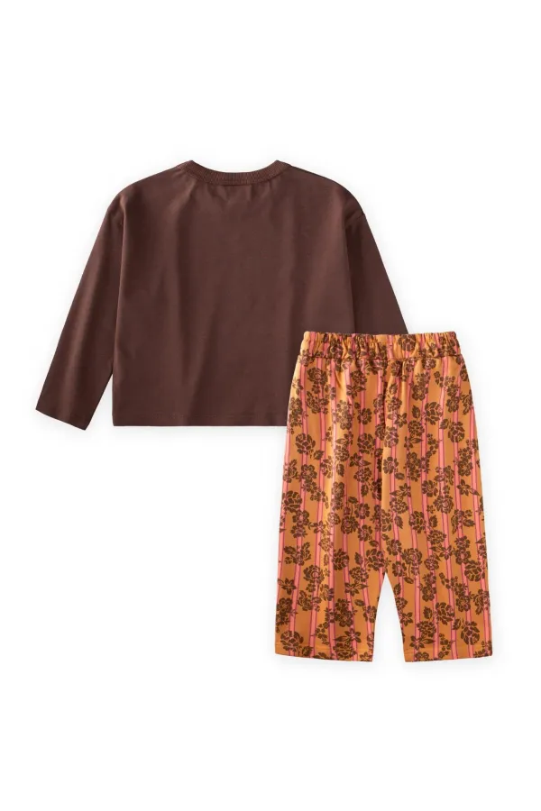 Long-sleeved patterned high-waisted trouser set for ages 2-8, brown.