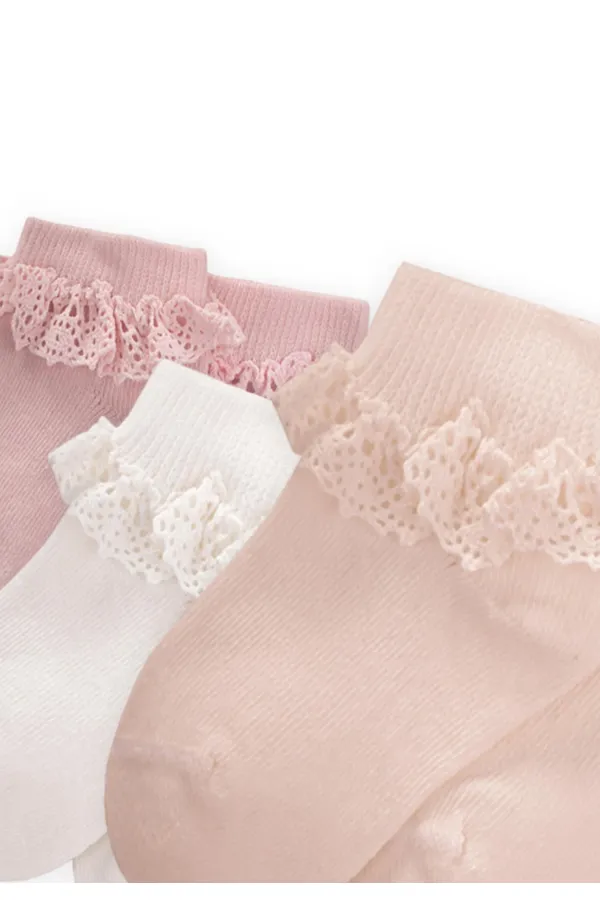 Triple Lace Baby Bootie Socks 0-4 Years Powder Pink, Sand, White