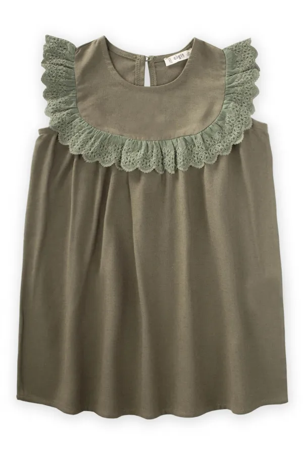 Robadan Dantelli Keten Bluz 2-7 Yaş Haki Yeşil