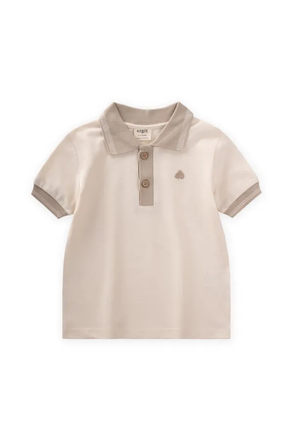 Polo à col roulé brodé de feuilles, beige, 2-10 ans