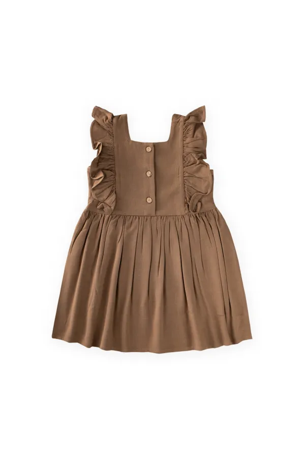 Square Neck Linen Dress with Rhinestone Embellishment, Ages 2-7, Caramel