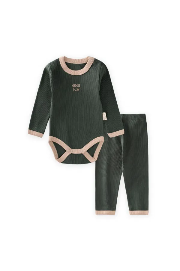 Embroidered Long-Sleeved Bodysuit Set 0-3 Years Khaki Green