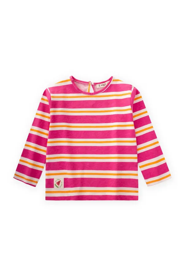 Çizgili Uzun Kollu T-Shırt 2-8 Yaş Fuşya Turuncu Çizgili
