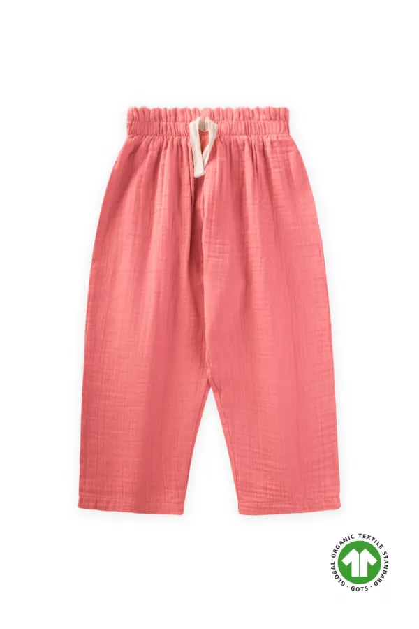Organic Wide Cut Muslin Trousers with Ruffle Waistband, Coral, Ages 1-8