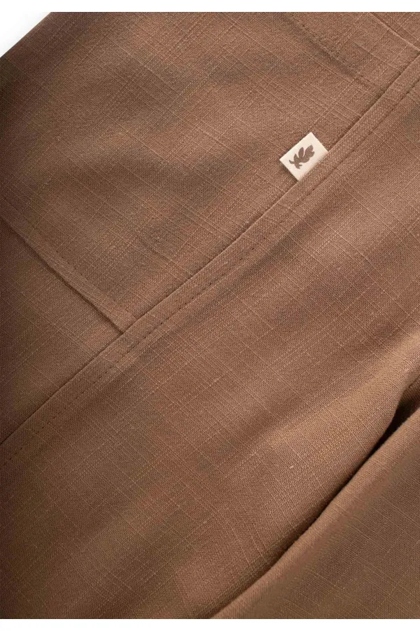 V Yaka Paça Lastikli Keten Salopet 2-7 Yaş Caramel