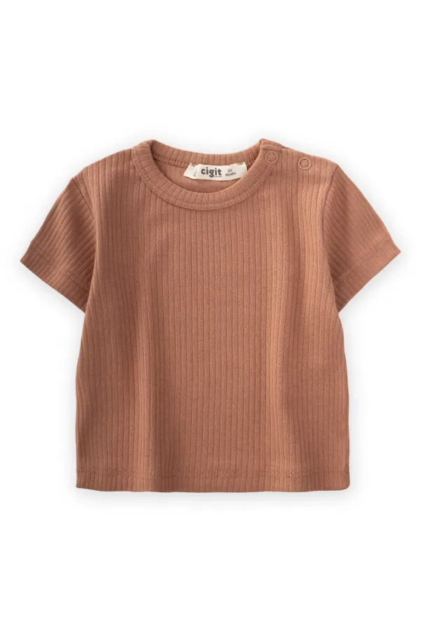 Basic Fitilli T-Shırt 0-12 Ay Kahve