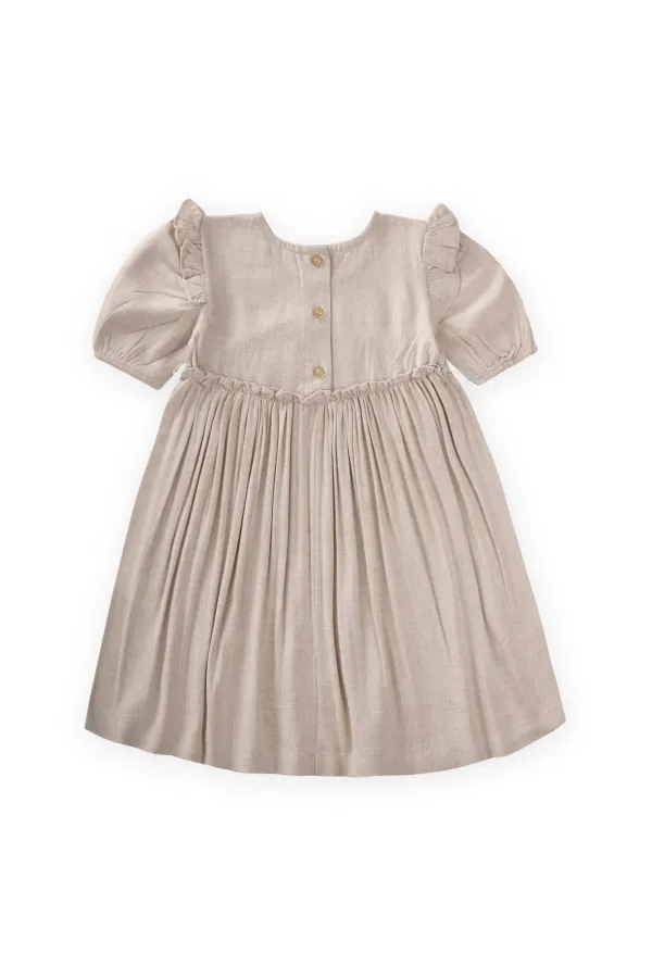 Robadan Fırfır Büzgülü Poplin Elbise 2-7 Yaş Naturel