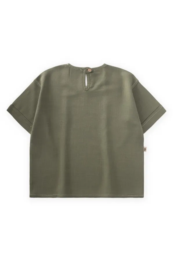 Sun Embroidered Linen Blouse for 2-7 Years Old Khaki Green
