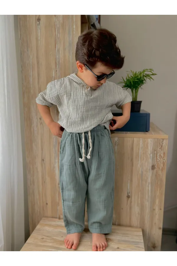 Ensemble en mousseline à capuche rayée, 2-10 ans, vert