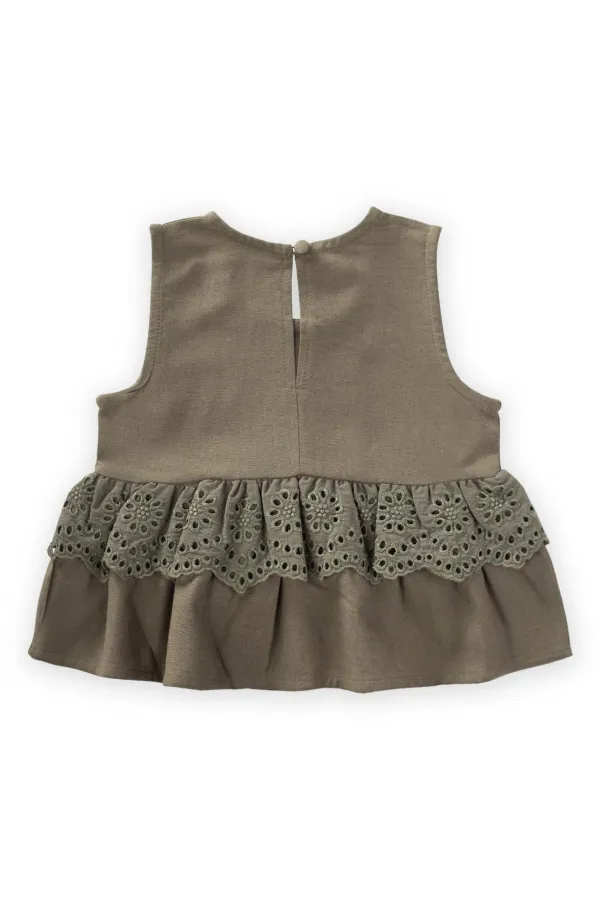 Bel Tambur Dantelli Keten Bluz 2-7 Yaş Haki Yeşil