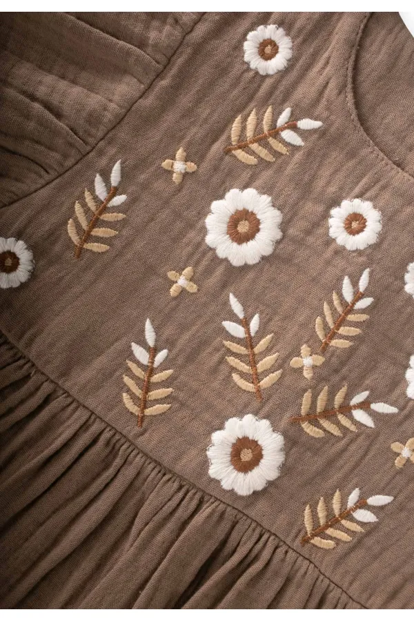 Robe à manches papillon brodée de fleurs, 2-8 ans, couleur vison