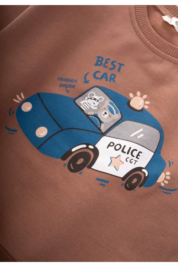 Police Baskılı Sweatshirt 1-7 Yaş Açık Kahve