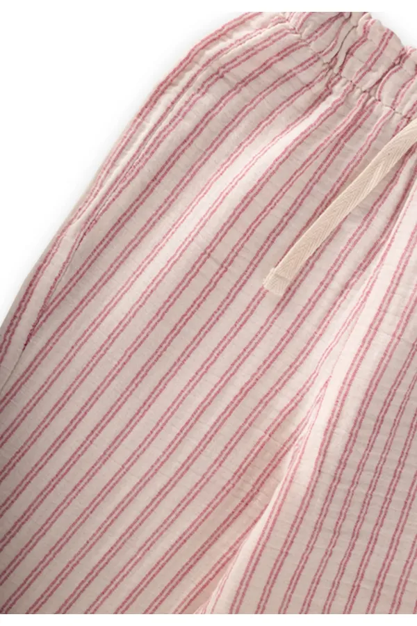 Organic Wide-Fit Muslin Trousers with Ruffled Waistband, Ages 1-10, Fuchsia, Double Striped Organic Wide-Fit Muslin Trousers with Ruffled Waistband, Ages 1-10, Fuchsia, Double Striped