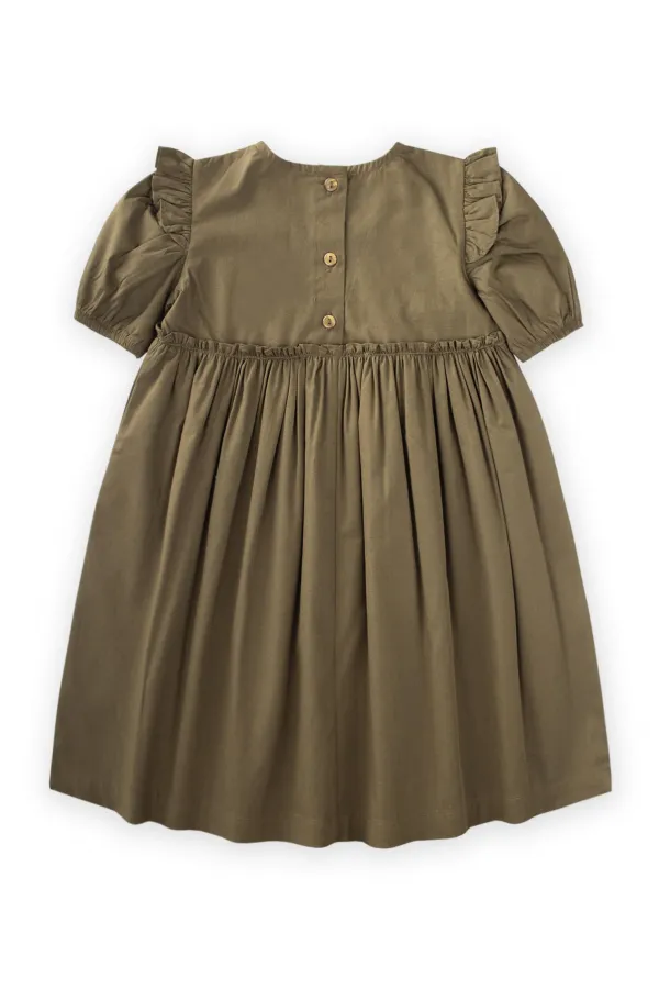 Robadan Fırfır Büzgülü Poplin Elbise 2-7 Yaş Haki Yeşil