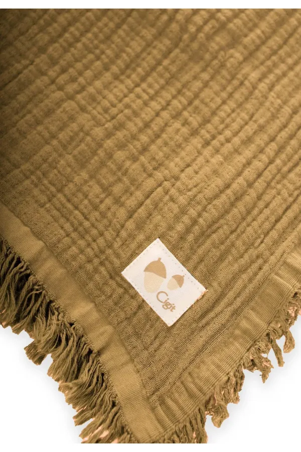 Couverture à pompons tricotée à quatre couches 80 x 120 cm Jaune moutarde