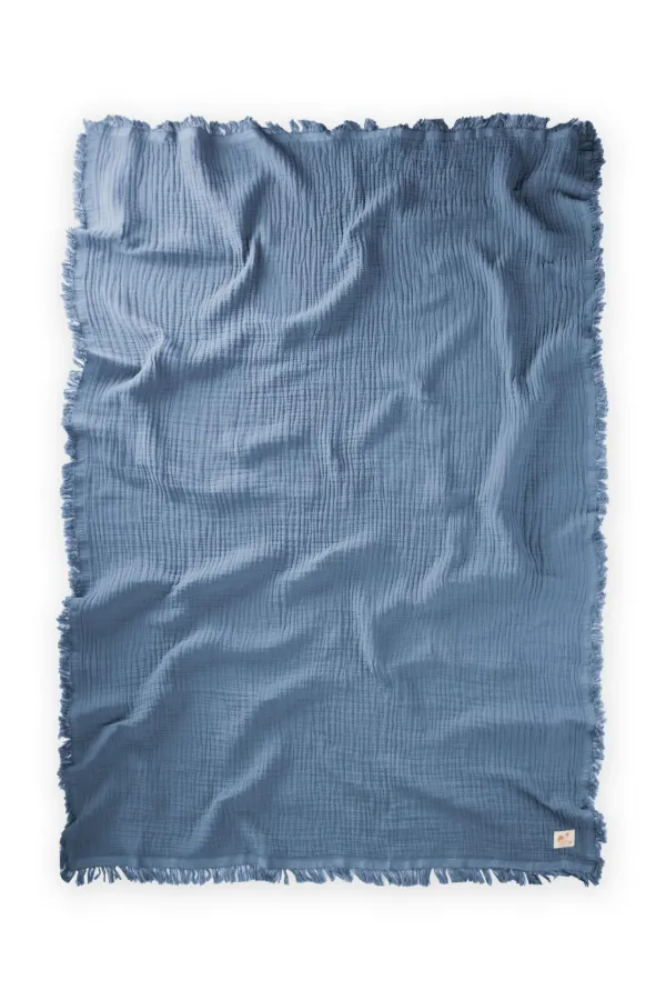 Couverture à pompons quatre couches 80 x 120 cm bleu indigo