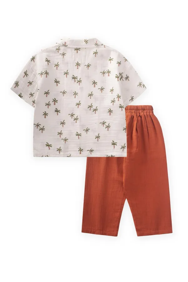 Palm Tree Patterned Shirt Set 2-10 Years Old Ecru