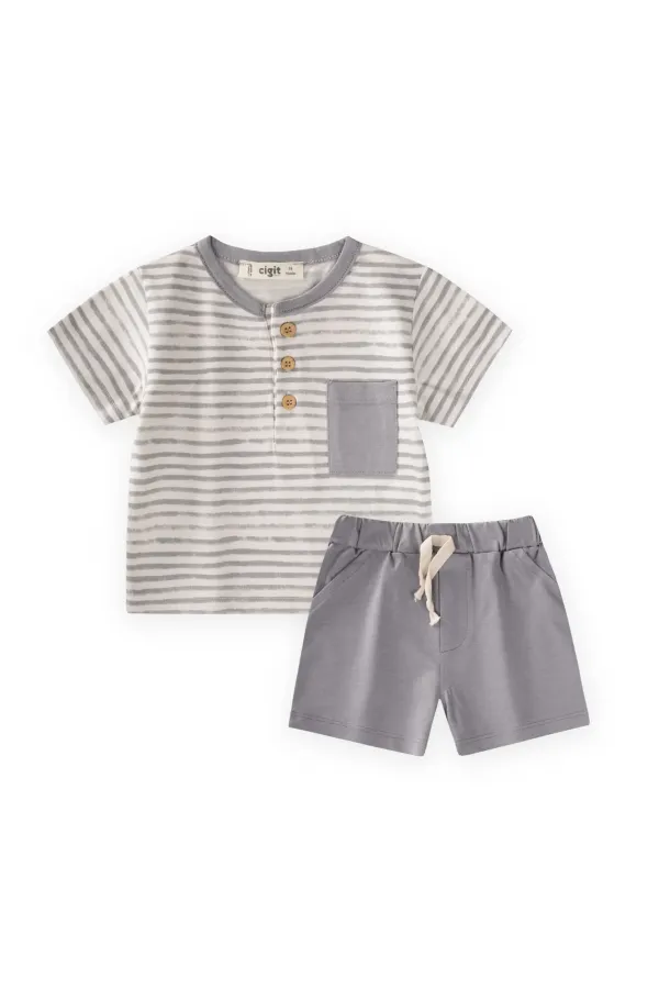 Striped T-Shirt Set with Pockets, 0-2 Years, Grey