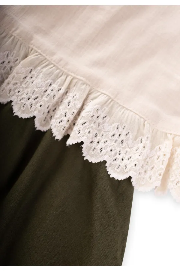 İki Renkli Beli Dantelli Elbise 2-7 Yaş Ekru