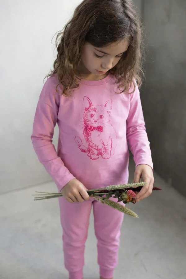 Ensemble pyjama à imprimé chat pour enfants de 2 à 8 ans, rose
