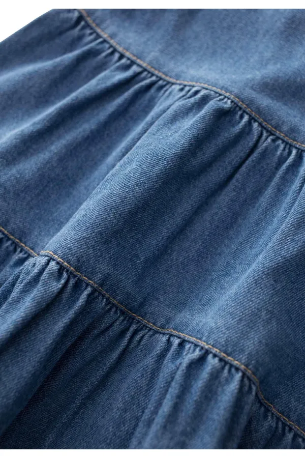 Katlı Kot Elbise 2-7 Yaş Mavi