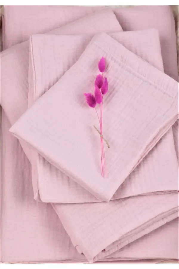 Parure de lit en mousseline avec pochette, housse de couette 100 x 135 cm +/- 3 cm, drap-housse 120 x 150 cm, taie d'oreiller 35 x 45 cm, rose poudré