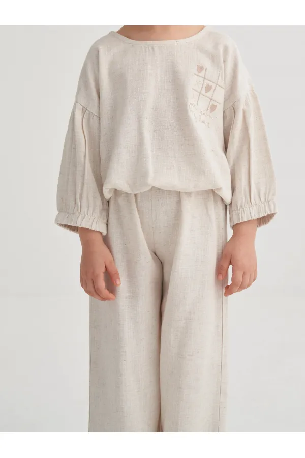 Wide-leg Trousers Embroidered Linen Set, Ages 2-7, Natural