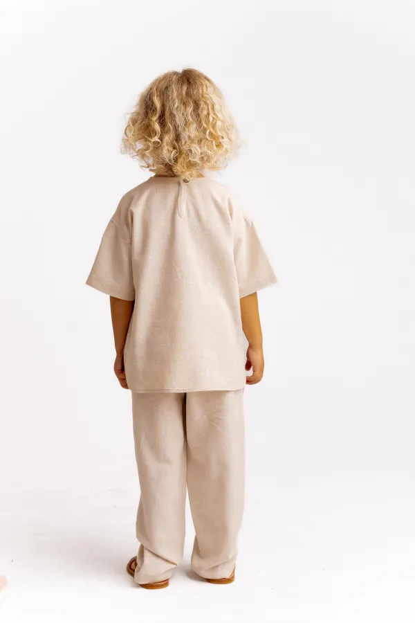 Kangaroo Pocket Two-Tone Linen Blouse for 2-7 Years Old Caramel