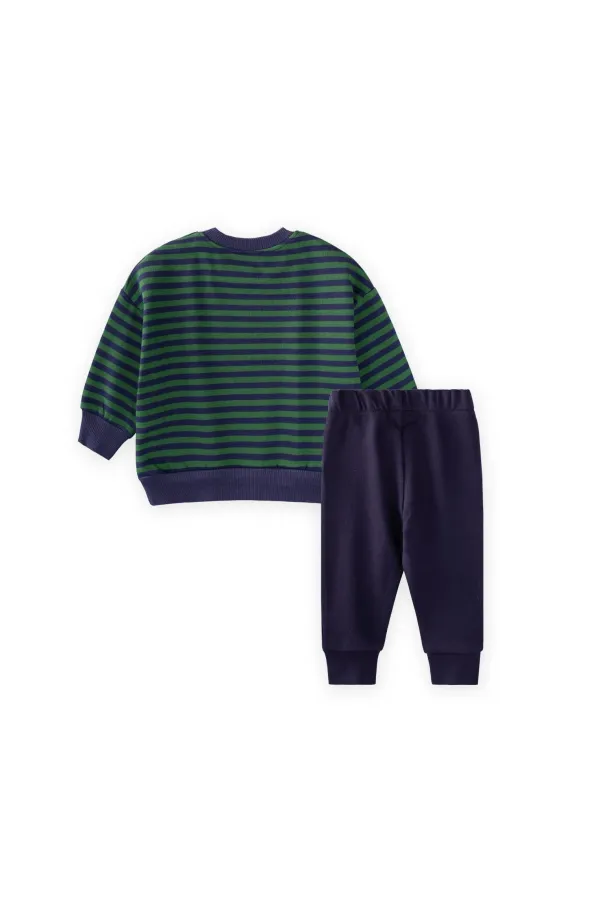 Çizgili Triko Erkek Bebek Takım 0-3 Yaş Haki Lacivert Çizgili