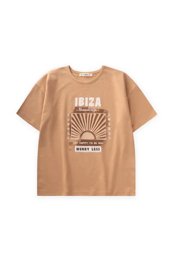 T-shirt imprimé Ibiza, couleur camel, pour enfants de 8 à 12 ans.