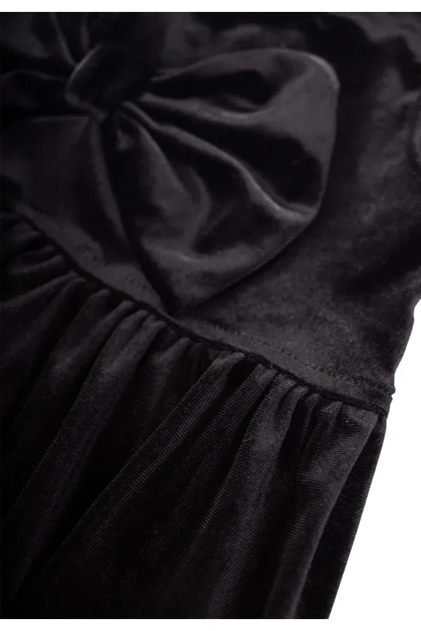 Önü Fiyonklu Kadife Elbise 2-7 Yaş Siyah