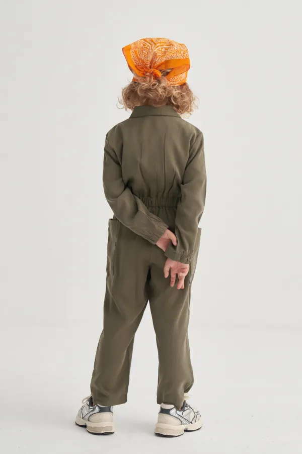 Tencel Önü Fermuarlı Tulum 2-7 Yaş Haki Yeşil