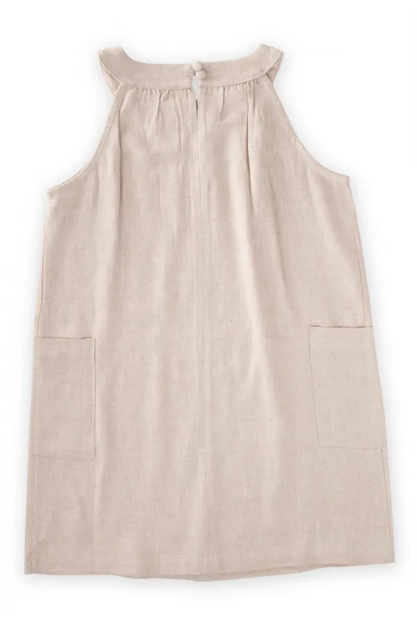 Bilezik Yaka Keten Yanı Cepli Elbise 2-7 Yaş Naturel
