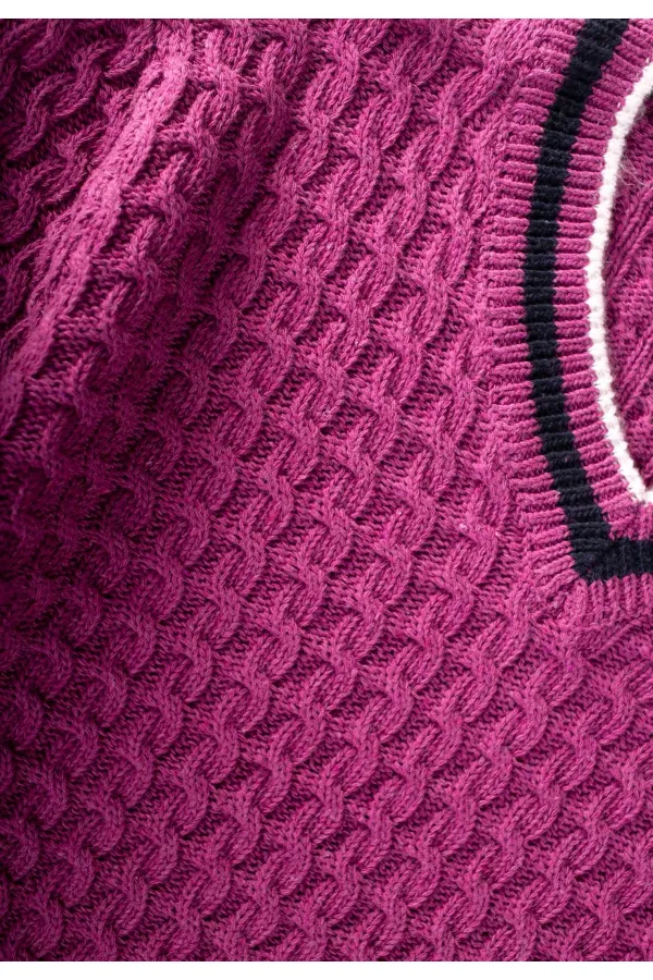 Saç Örgü V Yaka Kazak 2-9 Yaş Erguvan