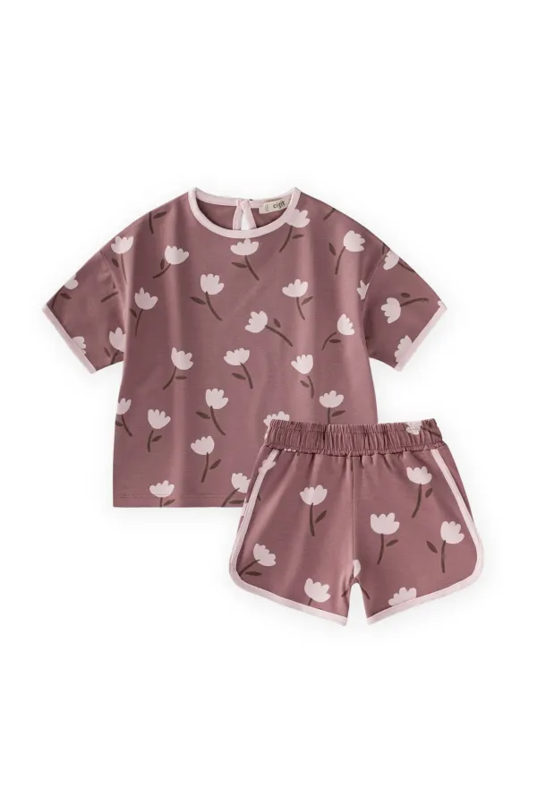 Desenli Oversize Şortlu Takım 1-7 Yaş Bakır