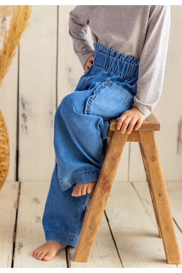 Jean coupe ample à poches à volants, bleu, 2-7 ans