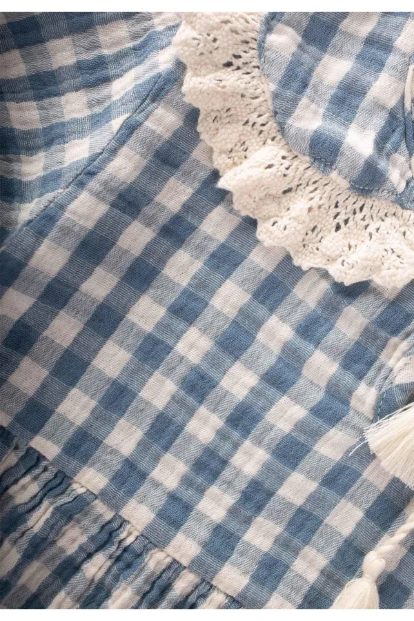 Pöti Kareli Yakalı Elbise 2-10 Yaş İndigo Mavi